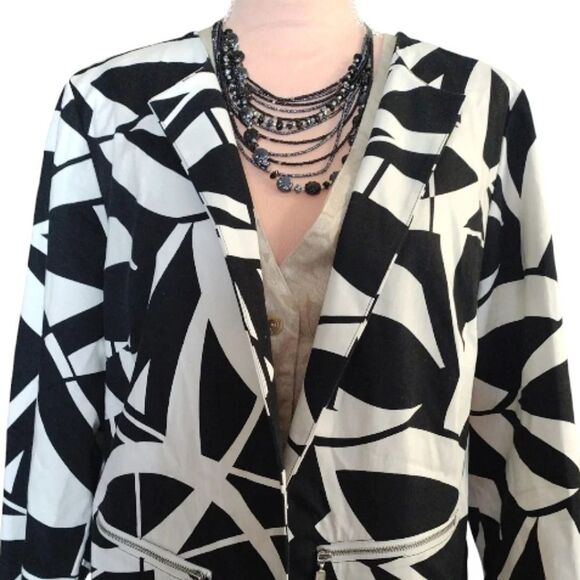 Chico's Black White Geo Print Open Front Quarter Sleeve Cotton Stretch Jacket L - Picture 6 of 13